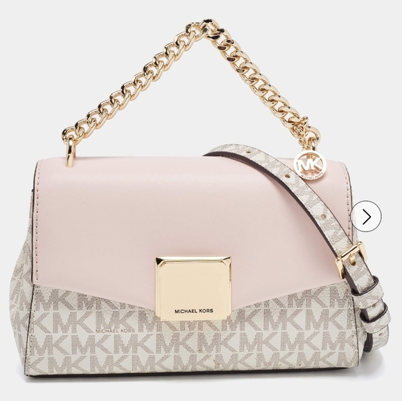 Michael Kors Handbags - Michael Kors Lita Small Shoulder Bag MK Signature Vanilla Blush Pink Gold Chain